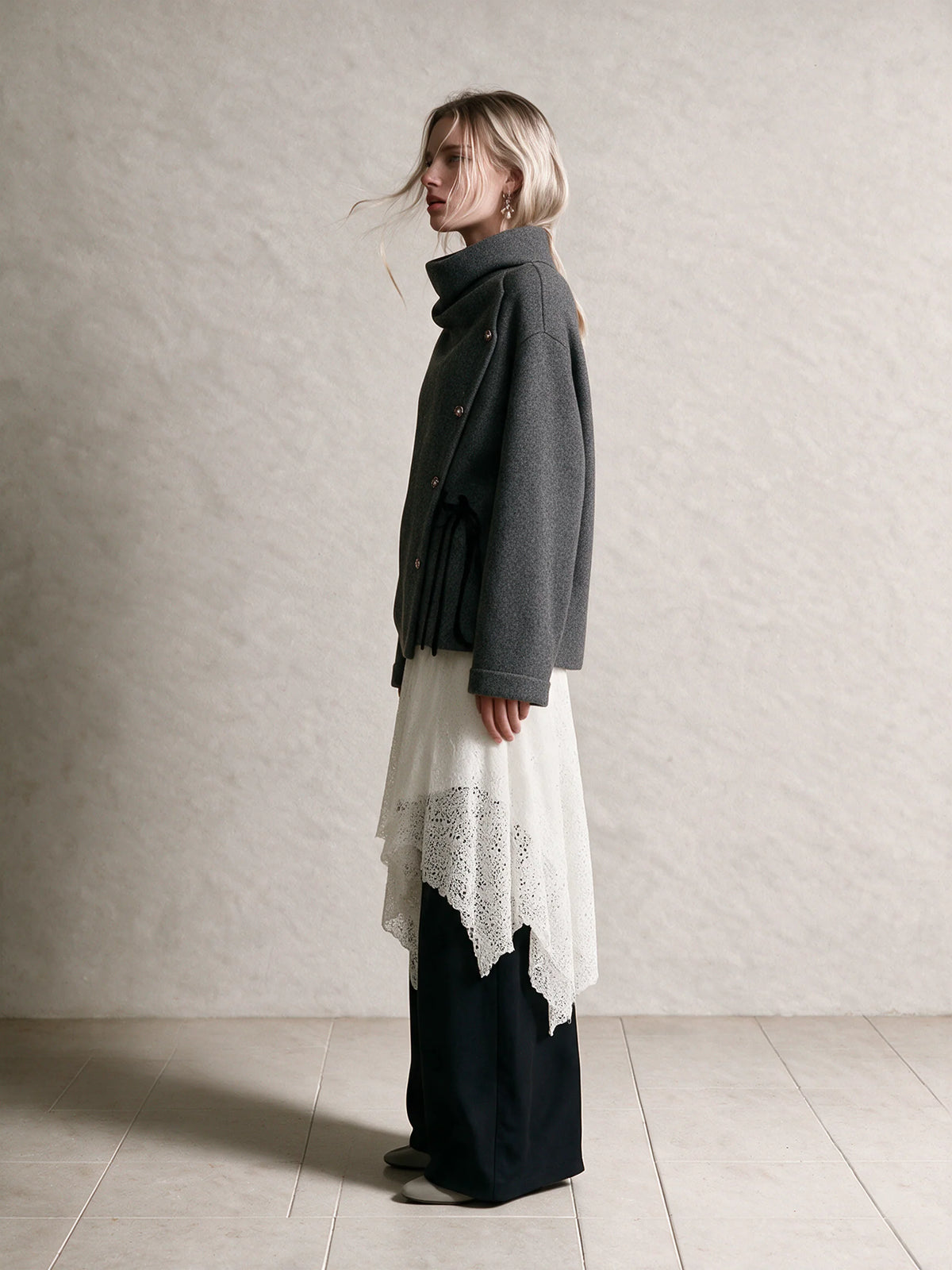 Woolen Draped Neck Asymmetric Button‑Front Jacket