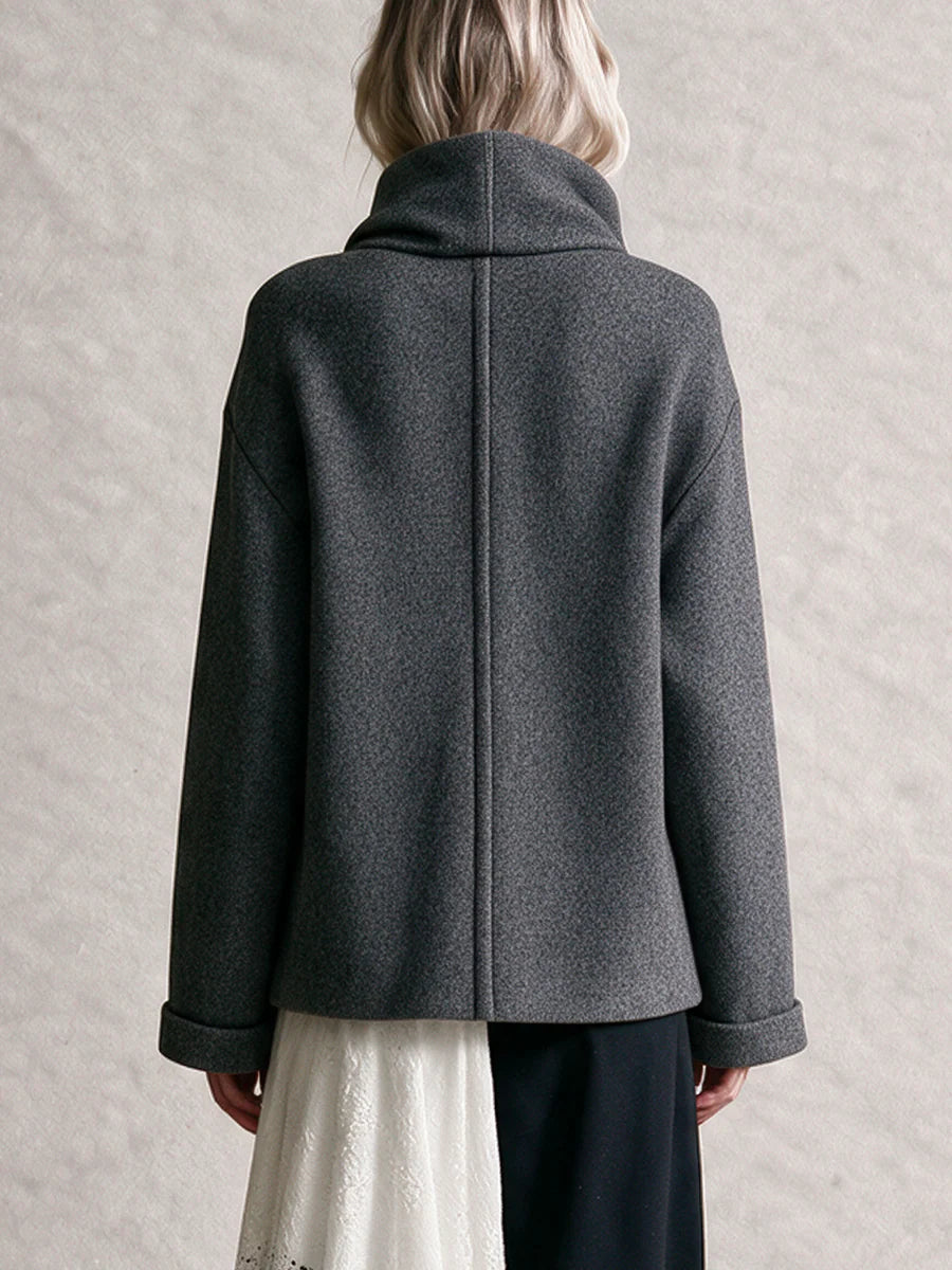 Woolen Draped Neck Asymmetric Button‑Front Jacket