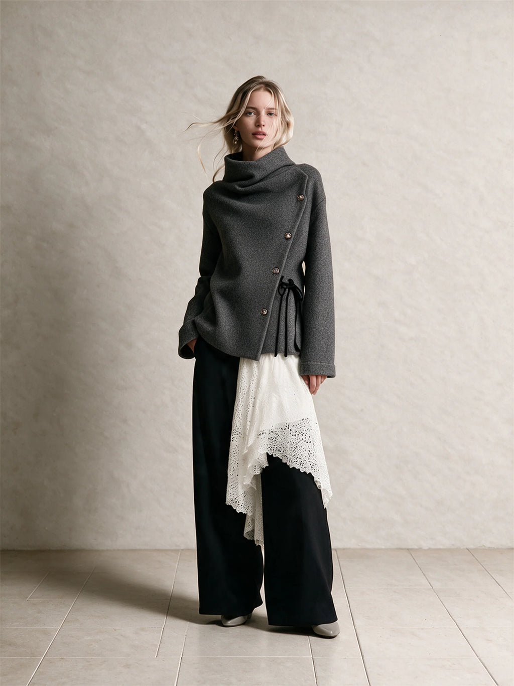 Woolen Draped Neck Asymmetric Button‑Front Jacket