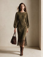Vintage-Style Elegant Faux Suede Midi Dress With Fringe