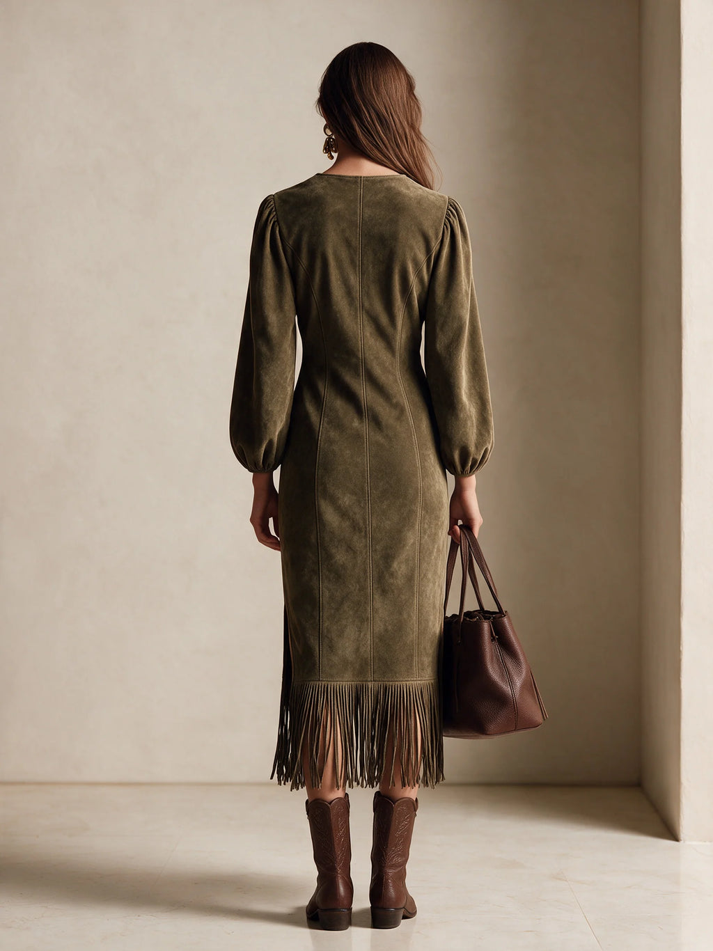 Vintage-Style Elegant Faux Suede Midi Dress With Fringe