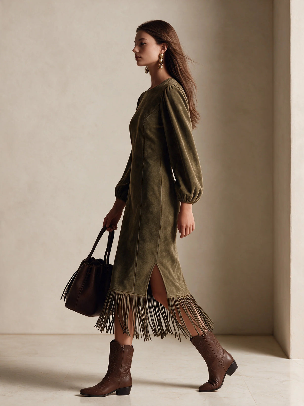 Vintage-Style Elegant Faux Suede Midi Dress With Fringe