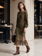 Vintage-Style Elegant Faux Suede Midi Dress With Fringe