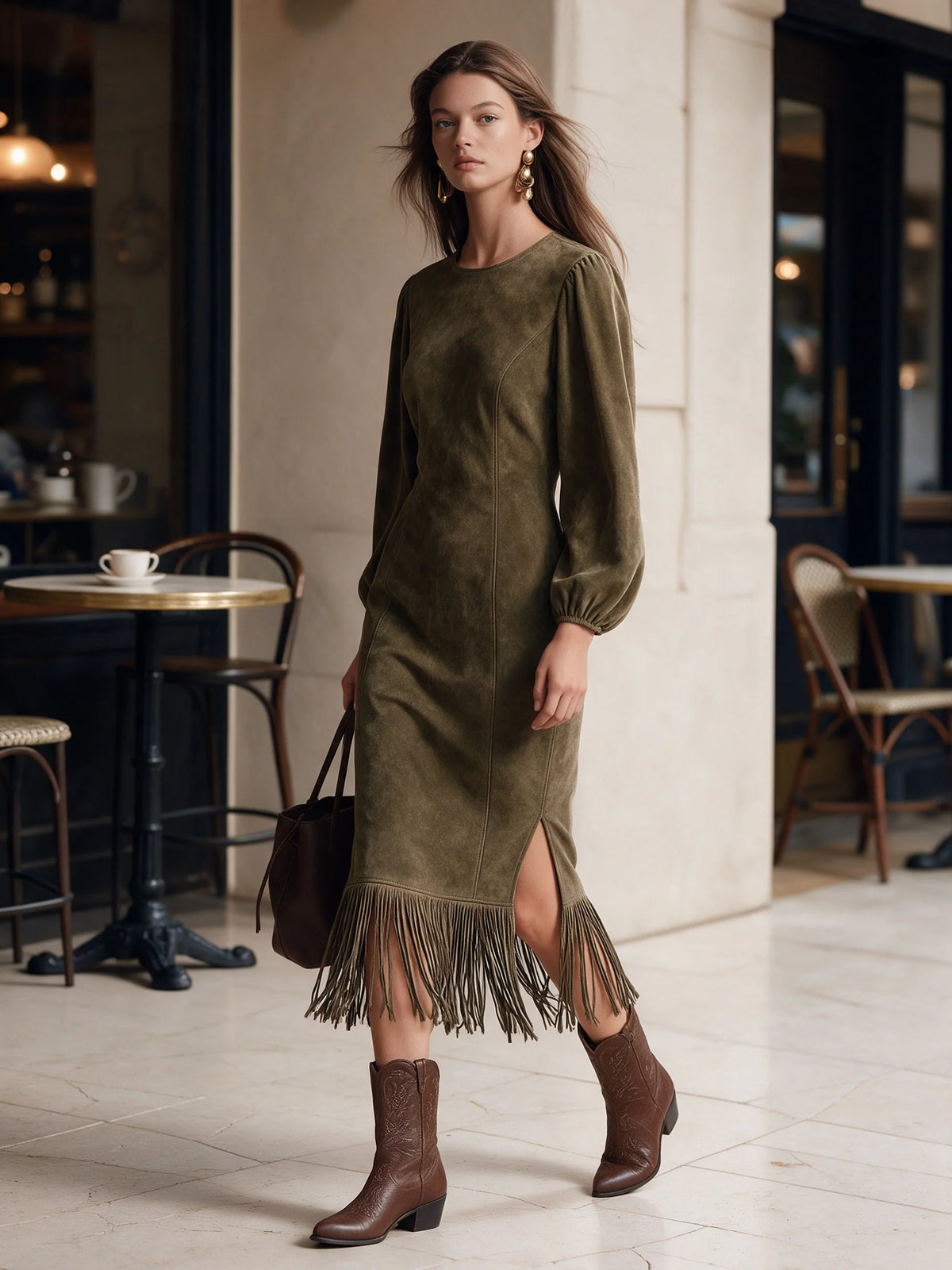 Vintage-Style Elegant Faux Suede Midi Dress With Fringe