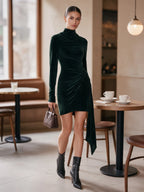 Velvet Draped High Neck and Ruched Waist Mini Dress