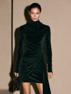Velvet Draped High Neck and Ruched Waist Mini Dress