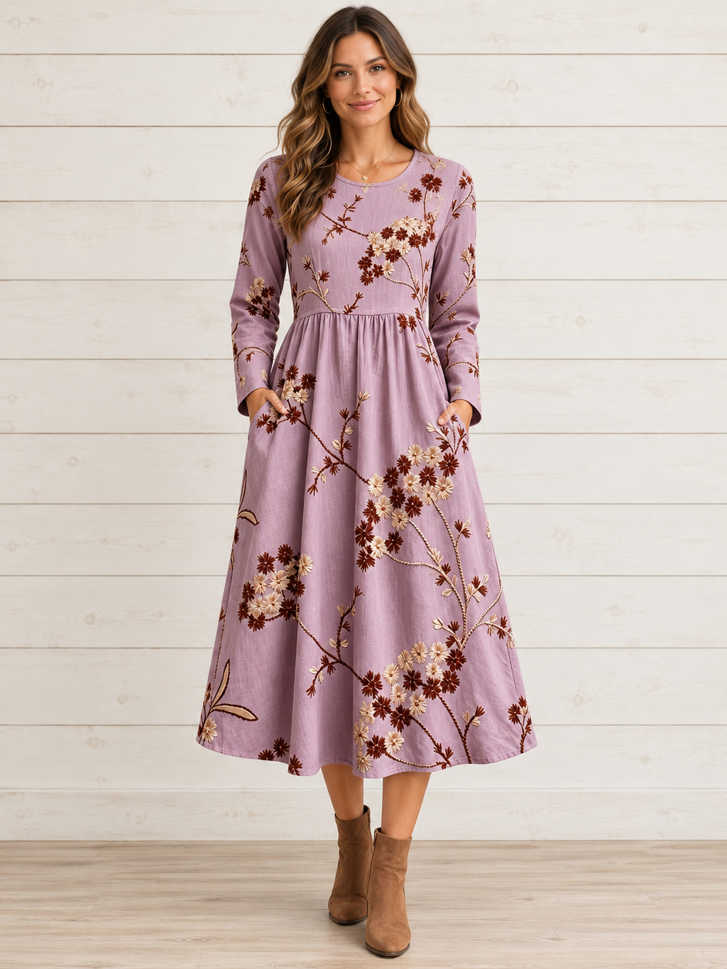 Light Purple Floral Print Round Neck Long Sleeve Midi Dress