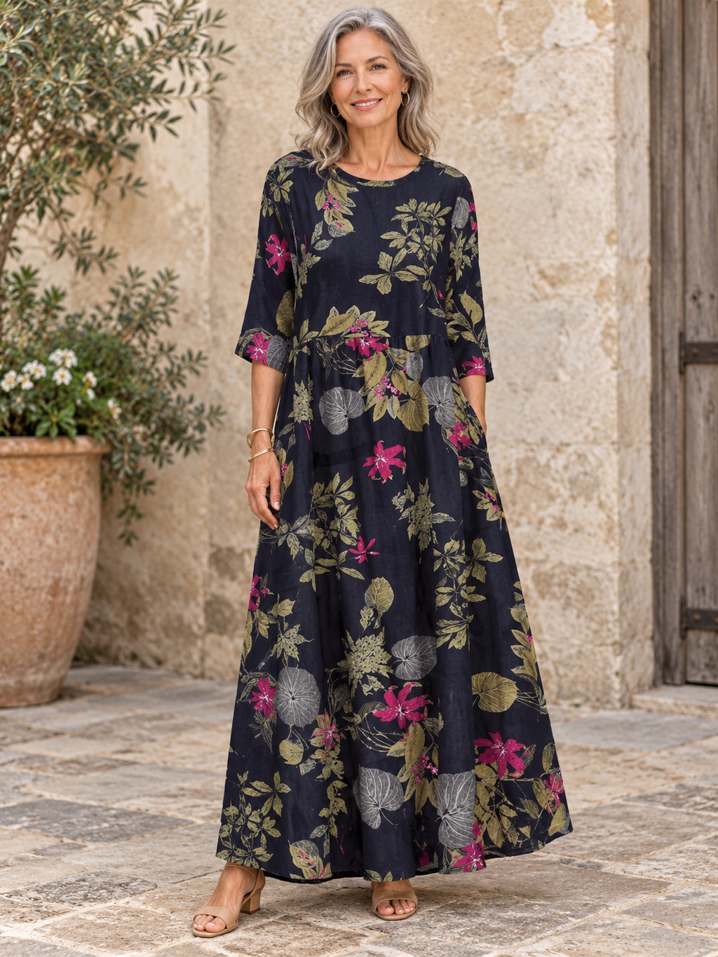 Comfortable Floral Print Half Sleeve Maxi Dress