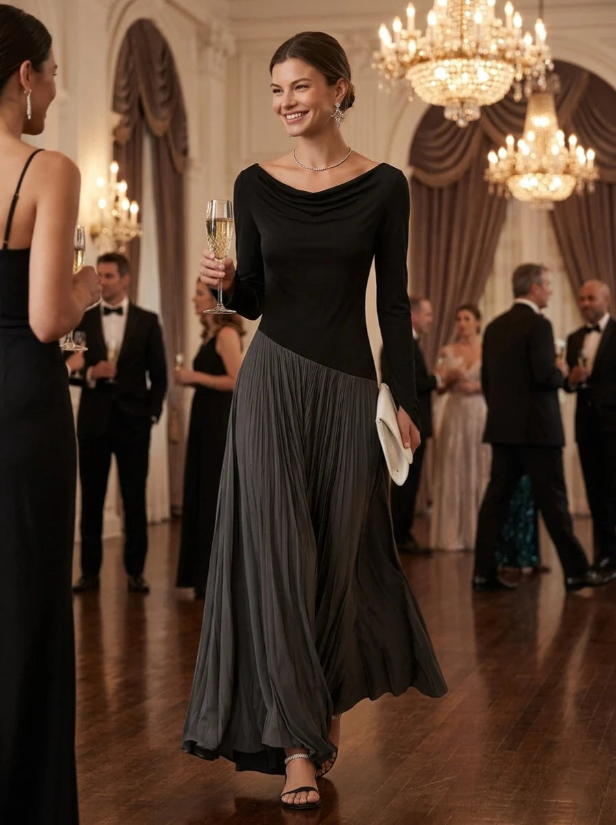 Minimalist Two-Tone Color-Block Maxi Dress With Drape Neckline