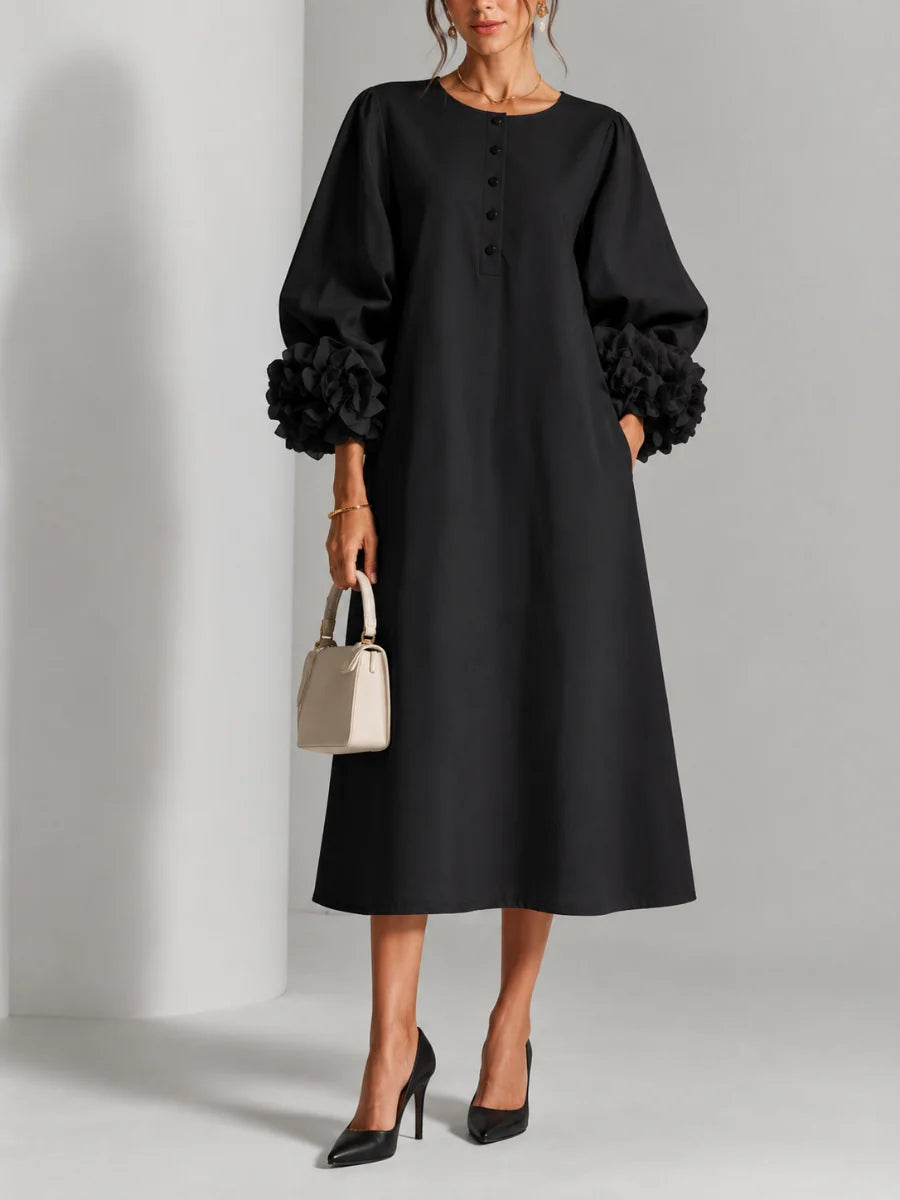 3D Floral Detail Midi Dress with Statement Sleeves