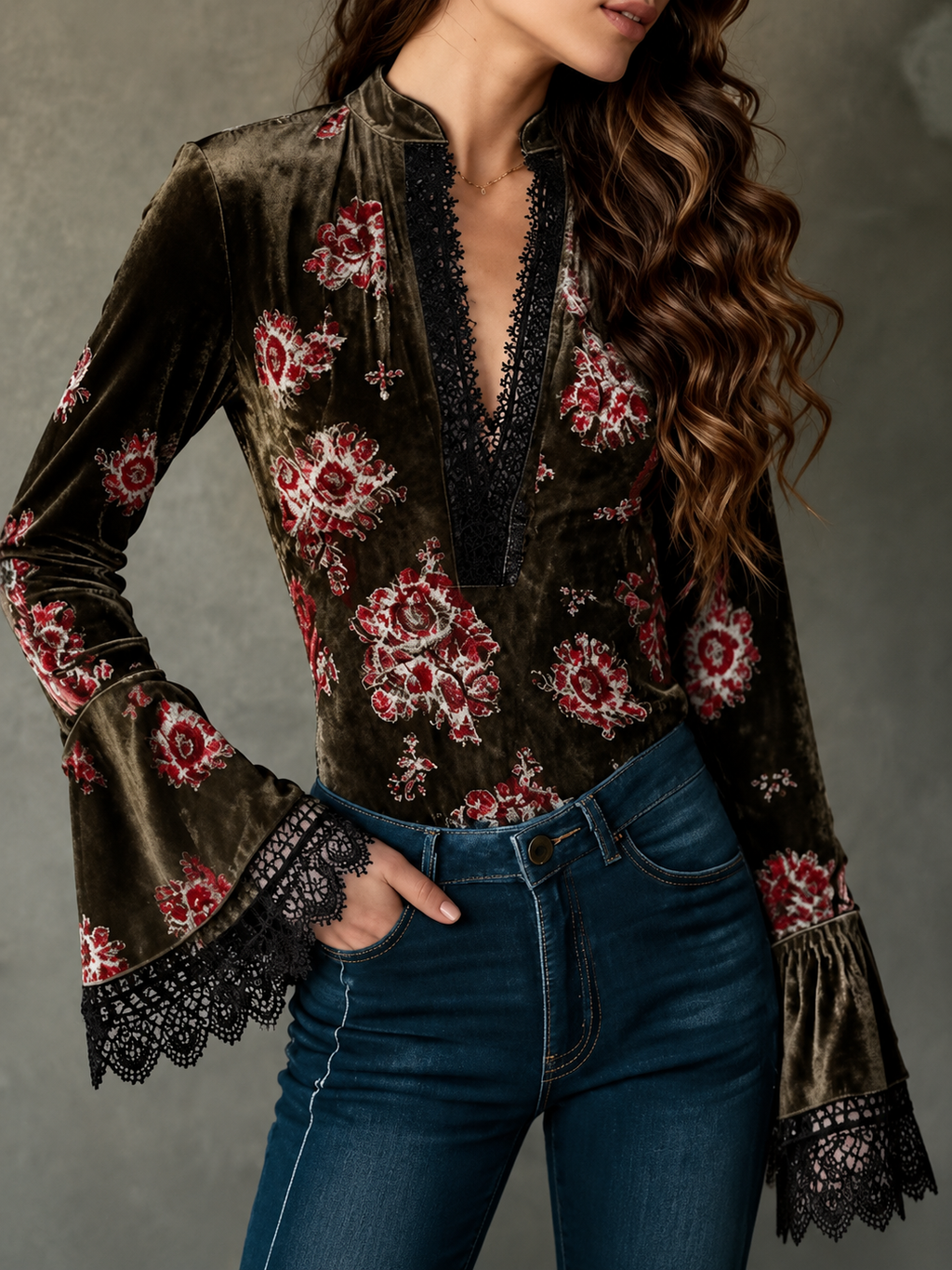 Lace-Trim Floral Velvet Blouse