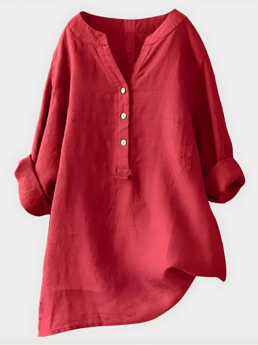 Elegant Cotton-Linen V-Neck Blouse