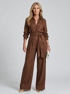 Long Sleeve Button Front Wide Leg Jumpsuit