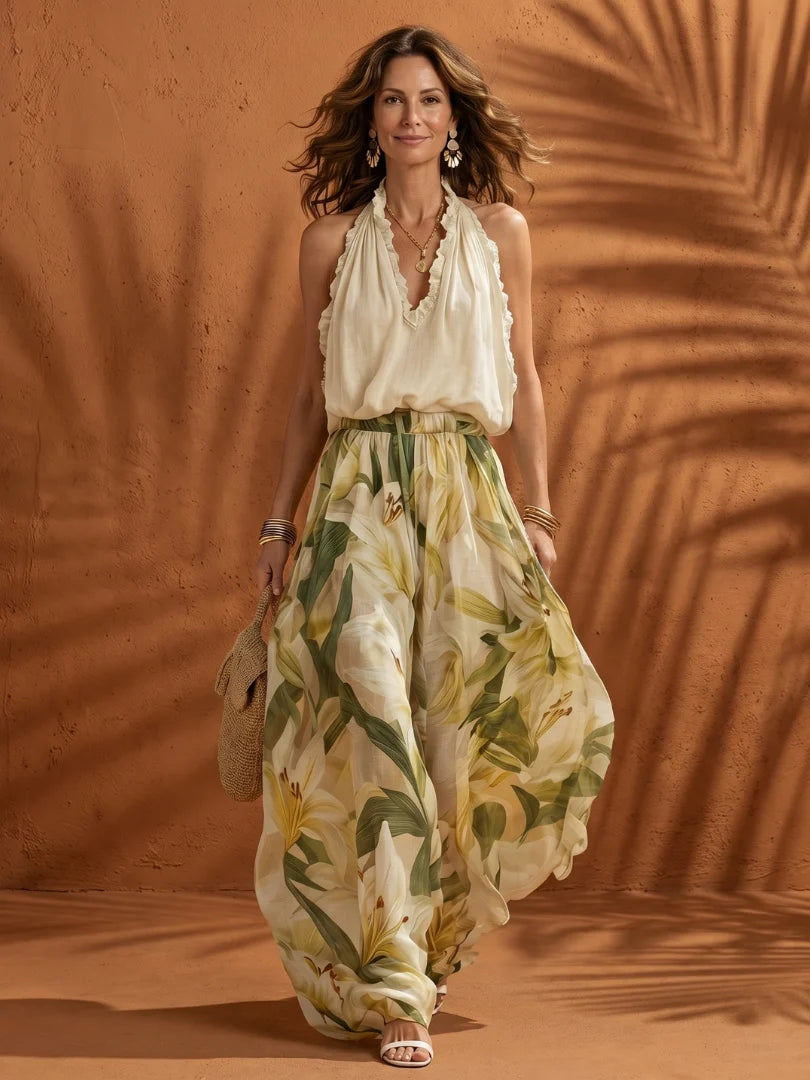 Halter Neck Blouse Floral Wide Leg Set
