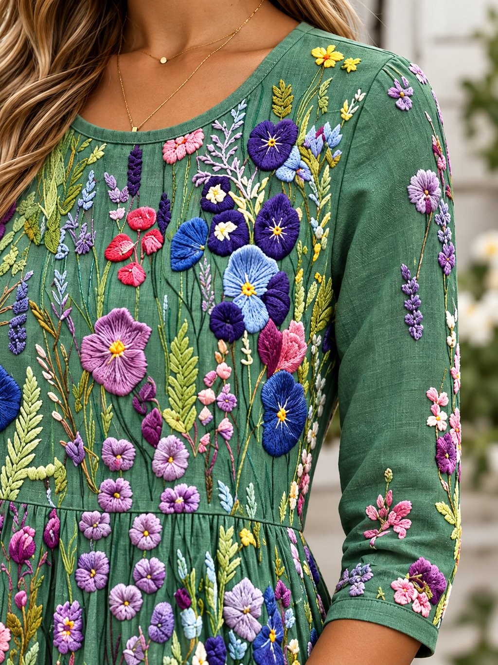 Vestido midi verde con estampado floral multicolor, cuello redondo y manga 3/4