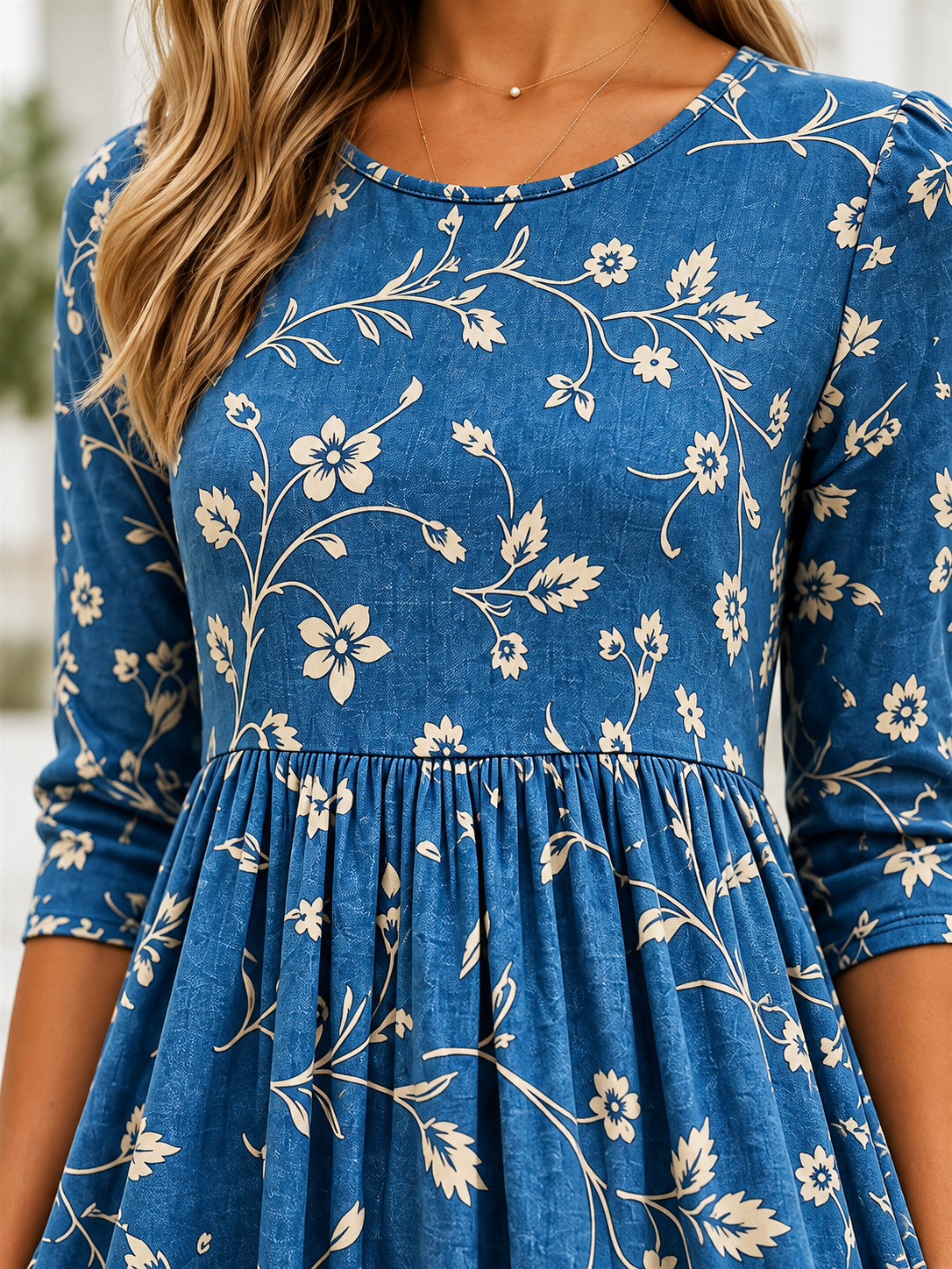 Blue Vine Floral Print 3/4 Sleeve Midi Dress