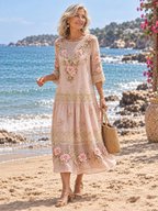 Pink Floral Embroidered Lace Midi Dress with 3/4 Sleeves
