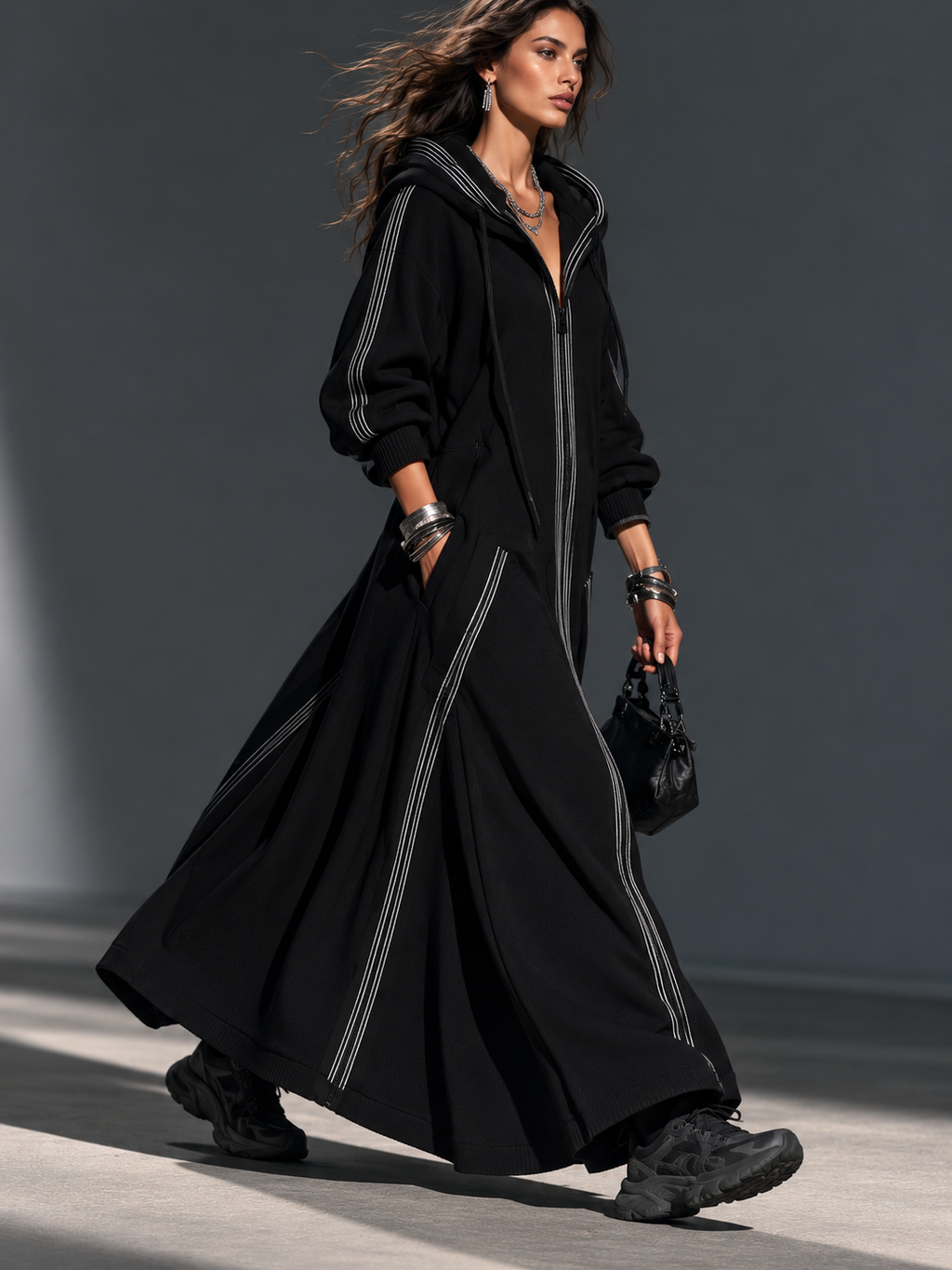 Black Long-Sleeve Hooded Long Coat In Sweatshirt Fabric