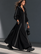 Black Long-Sleeve Hooded Long Coat In Sweatshirt Fabric