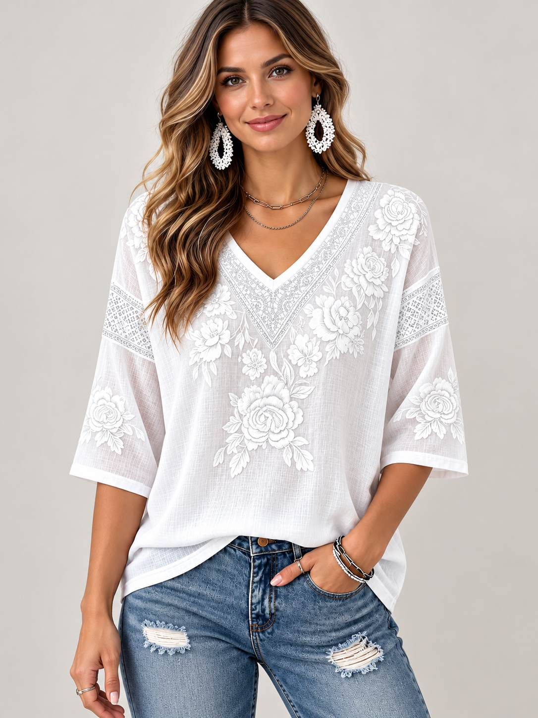 Floral Embroidered Lace Trim V Neck 3/4 Sleeve Blouse