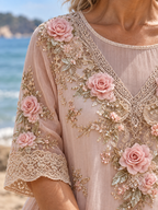 Pink Floral Embroidered Lace Midi Dress with 3/4 Sleeves