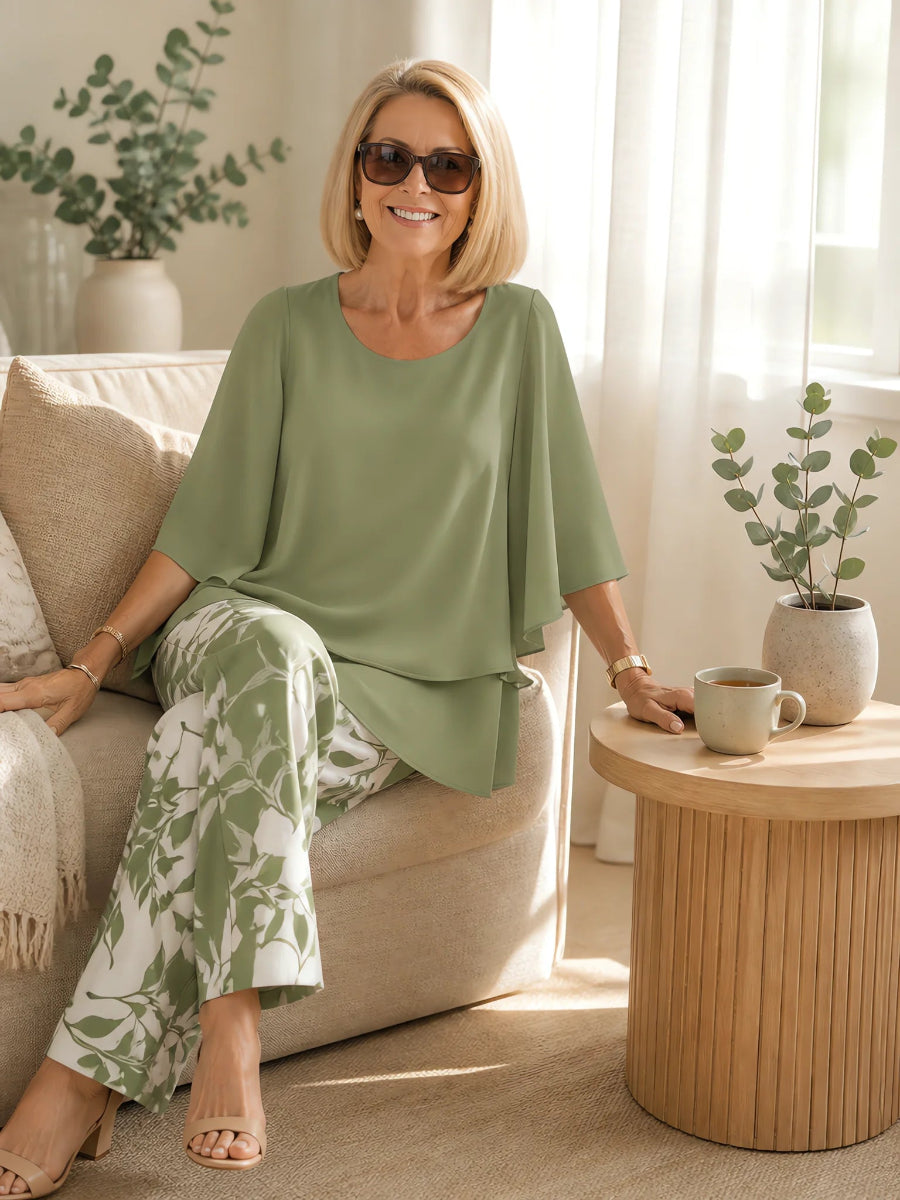Elegant Green Two-Piece Set: Layered Top & Leaf Print Pants