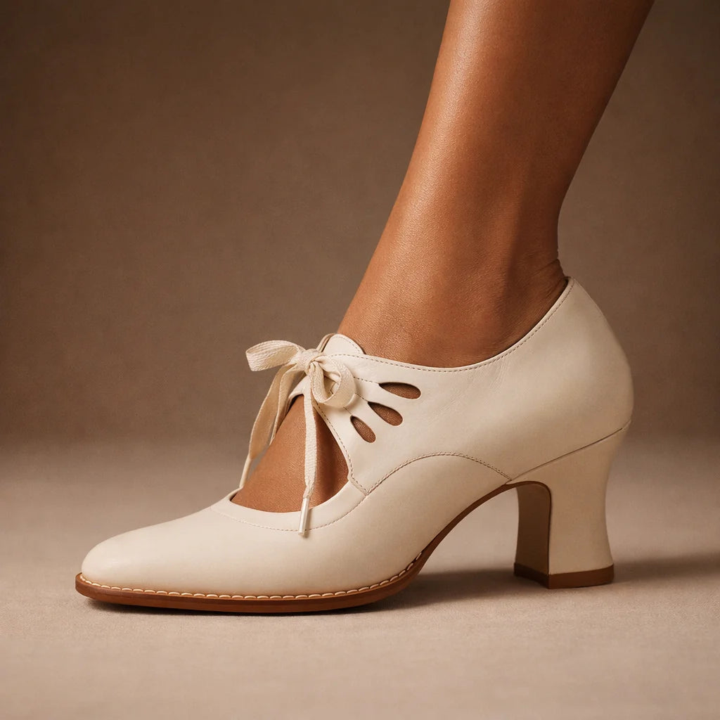 Cutout Bow Leather Lace Heels