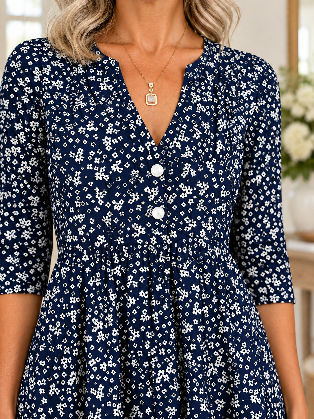 Elegant Floral Print V-Neck Half Sleeve Midi Dress