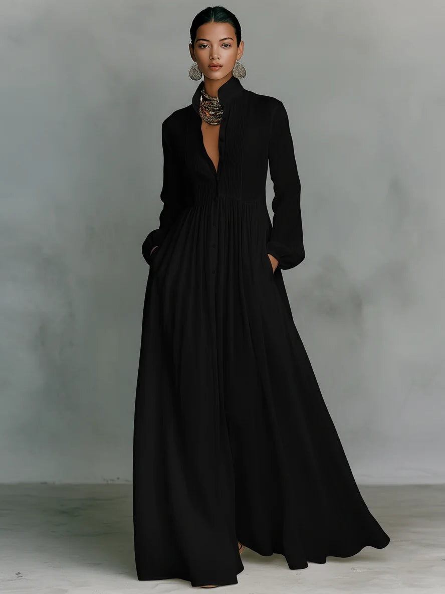 Minimalist Linen Blend Stand Collar Maxi Dress