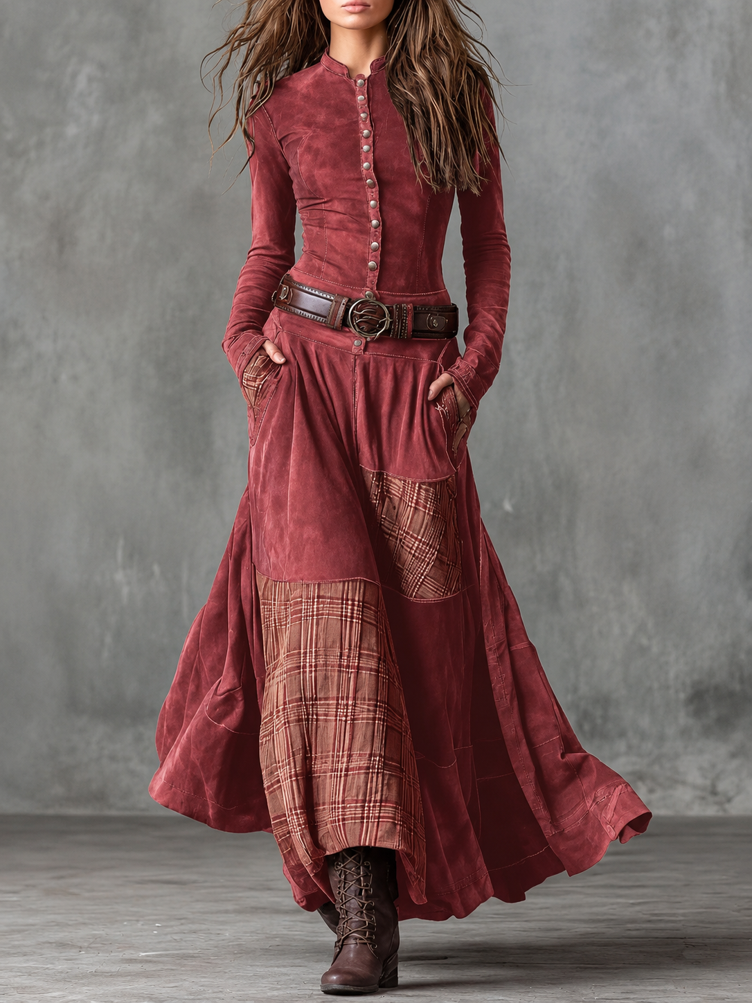 Vintage Plaid Patchwork Maxi Dress