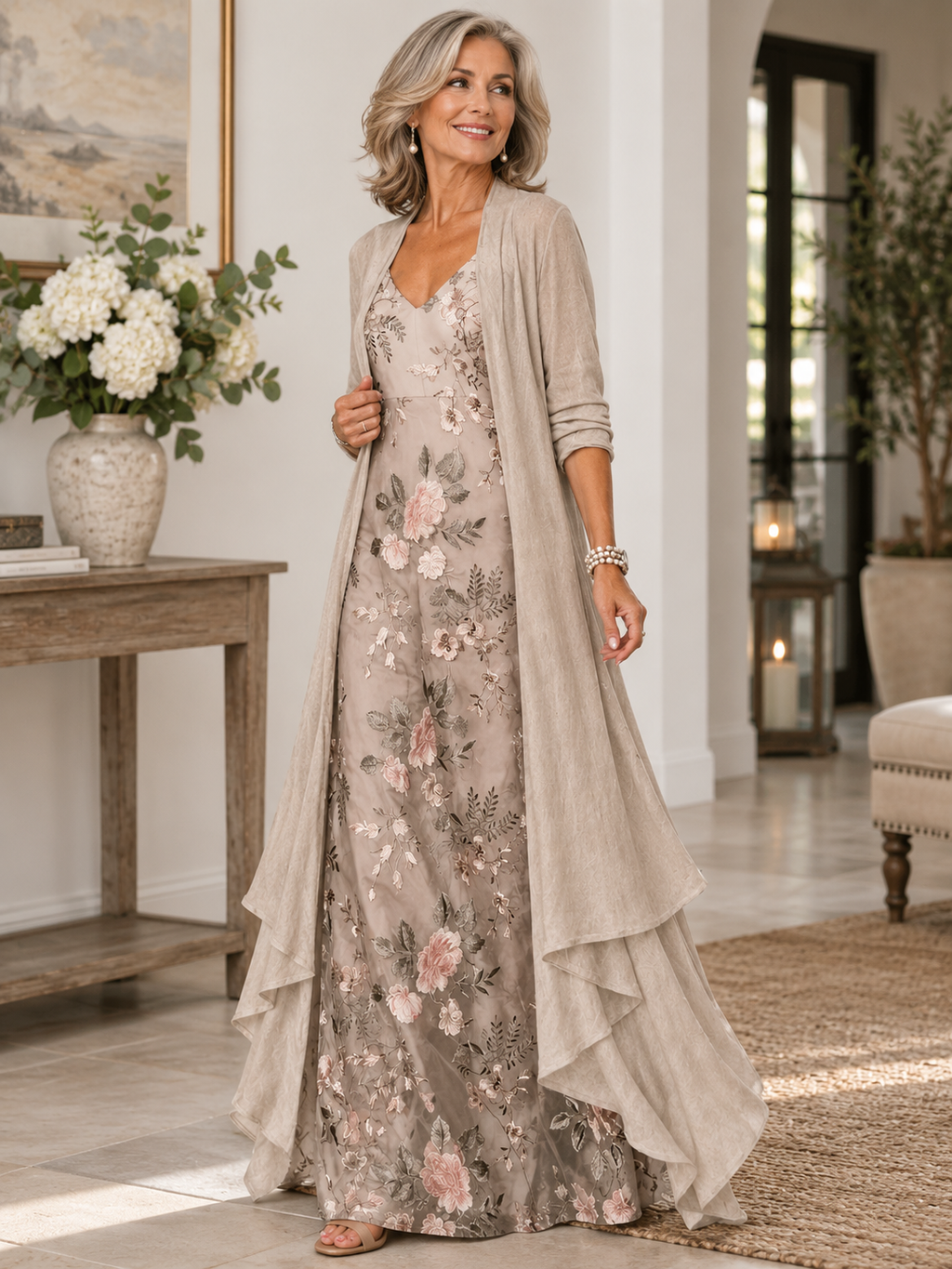 Elegante vestido largo floral con cárdigan superpuesto abierto al frente – Conjunto de 2 piezas