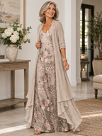Elegante vestido largo floral con cárdigan superpuesto abierto al frente – Conjunto de 2 piezas