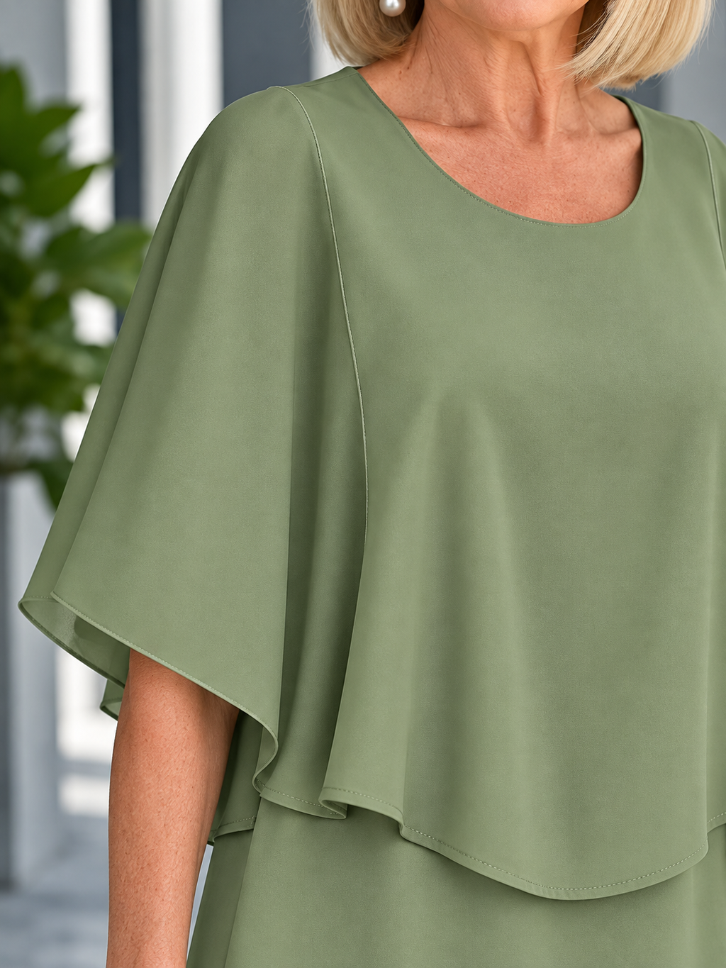 Elegant Green Two-Piece Set: Layered Top & Leaf Print Pants