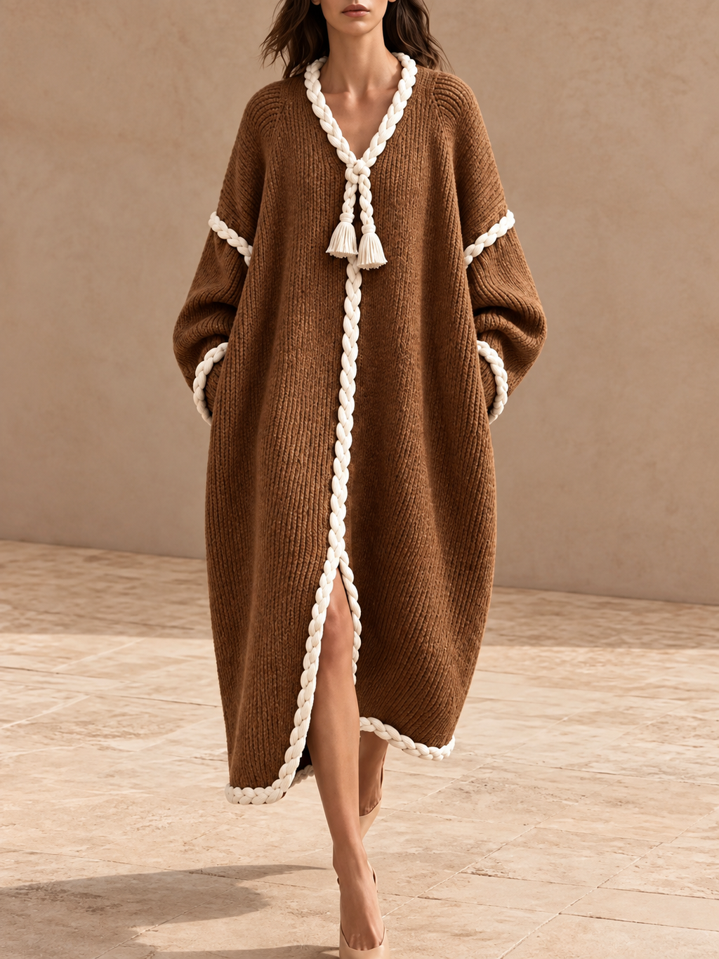 Oversized Ribbed Knit Dress with Braided Rope Trim
