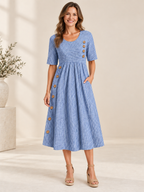 Striped Short Sleeve Midi Dress with Button Detail & Side Pockets