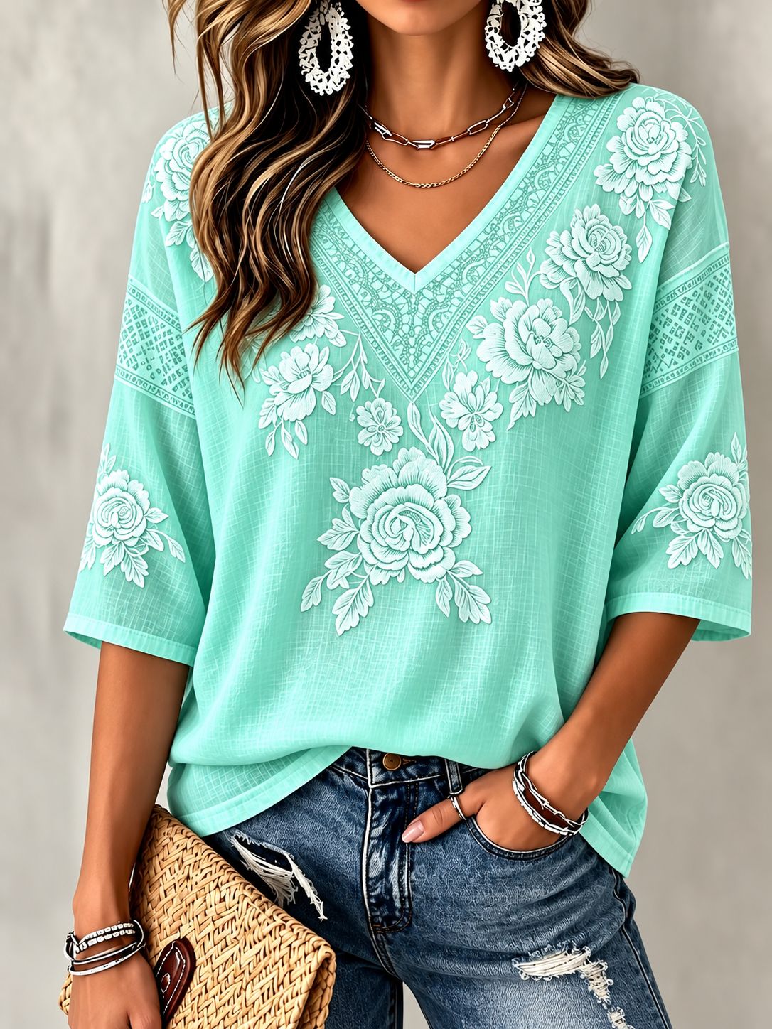 Floral Embroidered Lace Trim V Neck 3/4 Sleeve Blouse