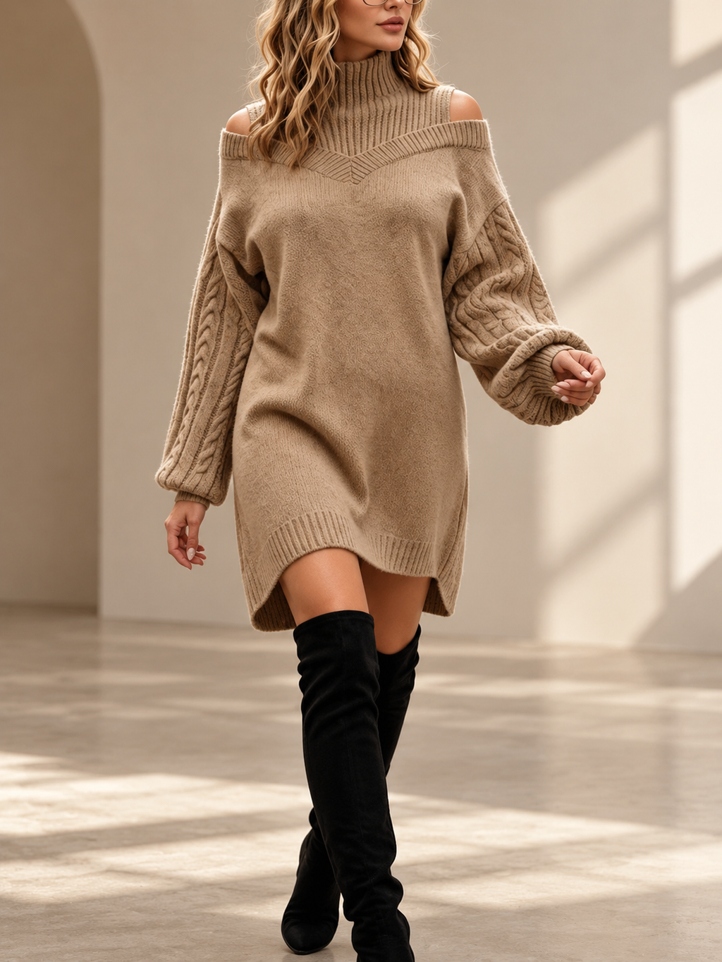 Cable Knit Cold Shoulder Sweater Dress