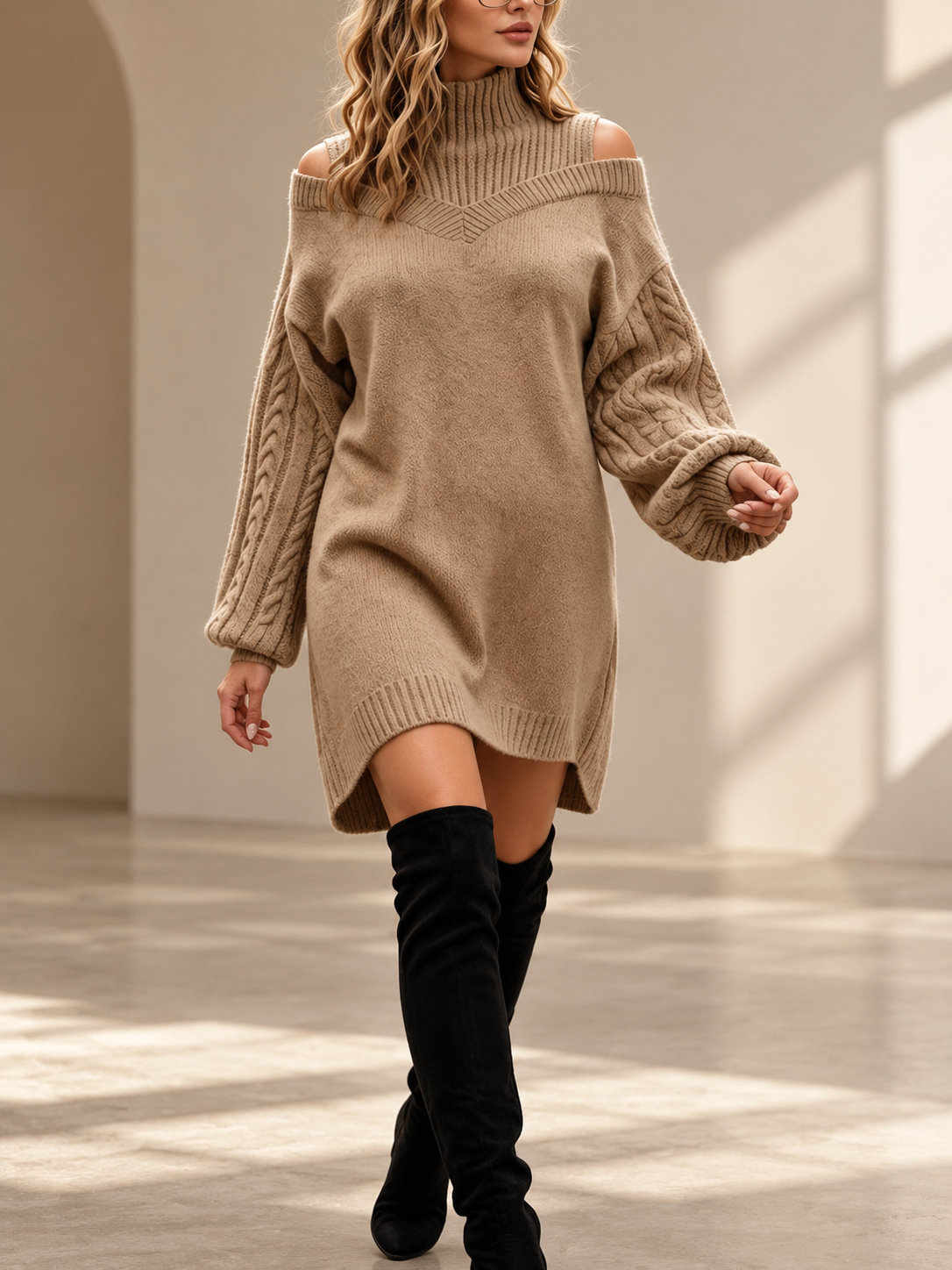 Cable Knit Cold Shoulder Sweater Dress