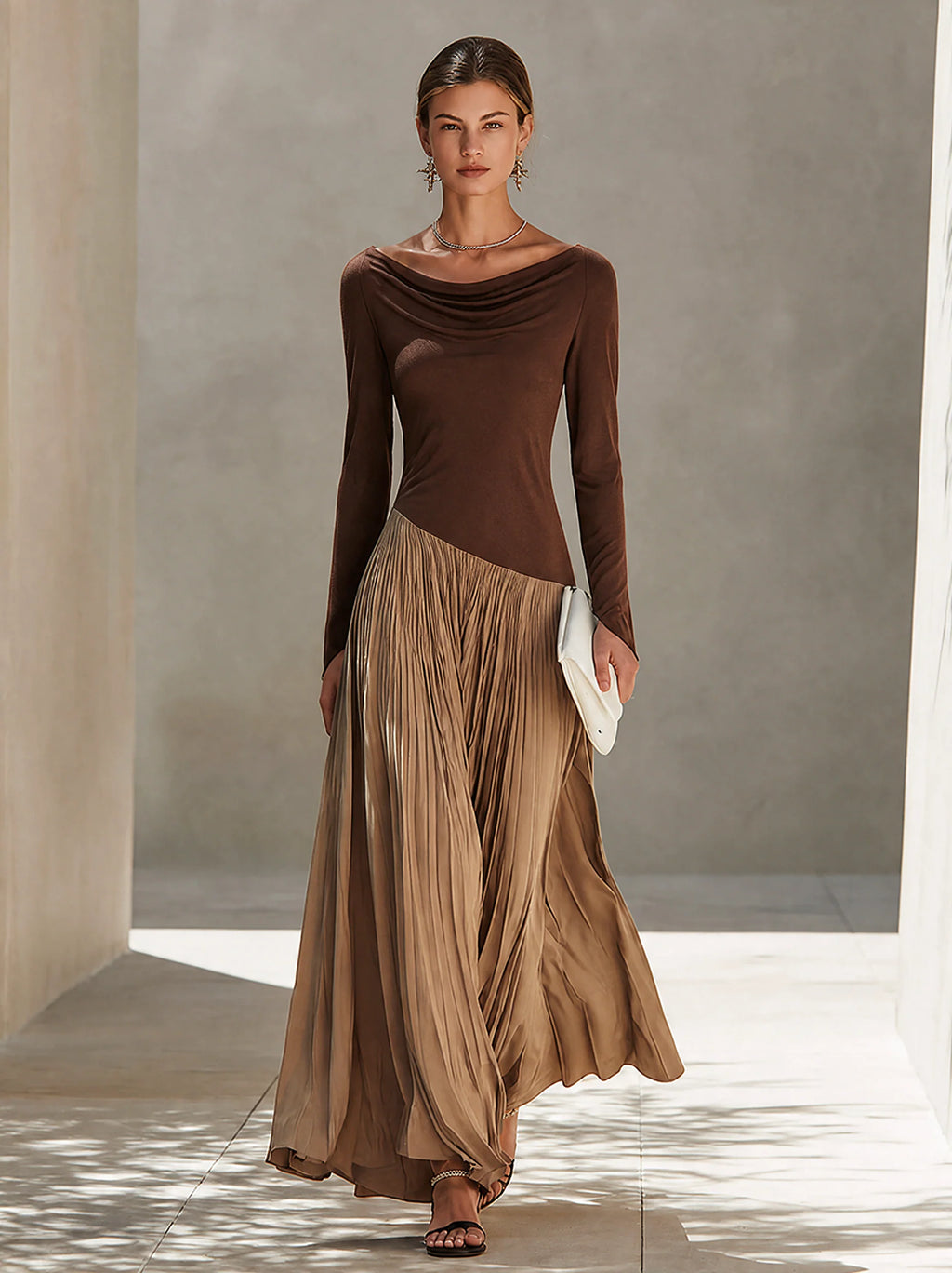 Minimalist Two-Tone Color-Block Maxi Dress With Drape Neckline