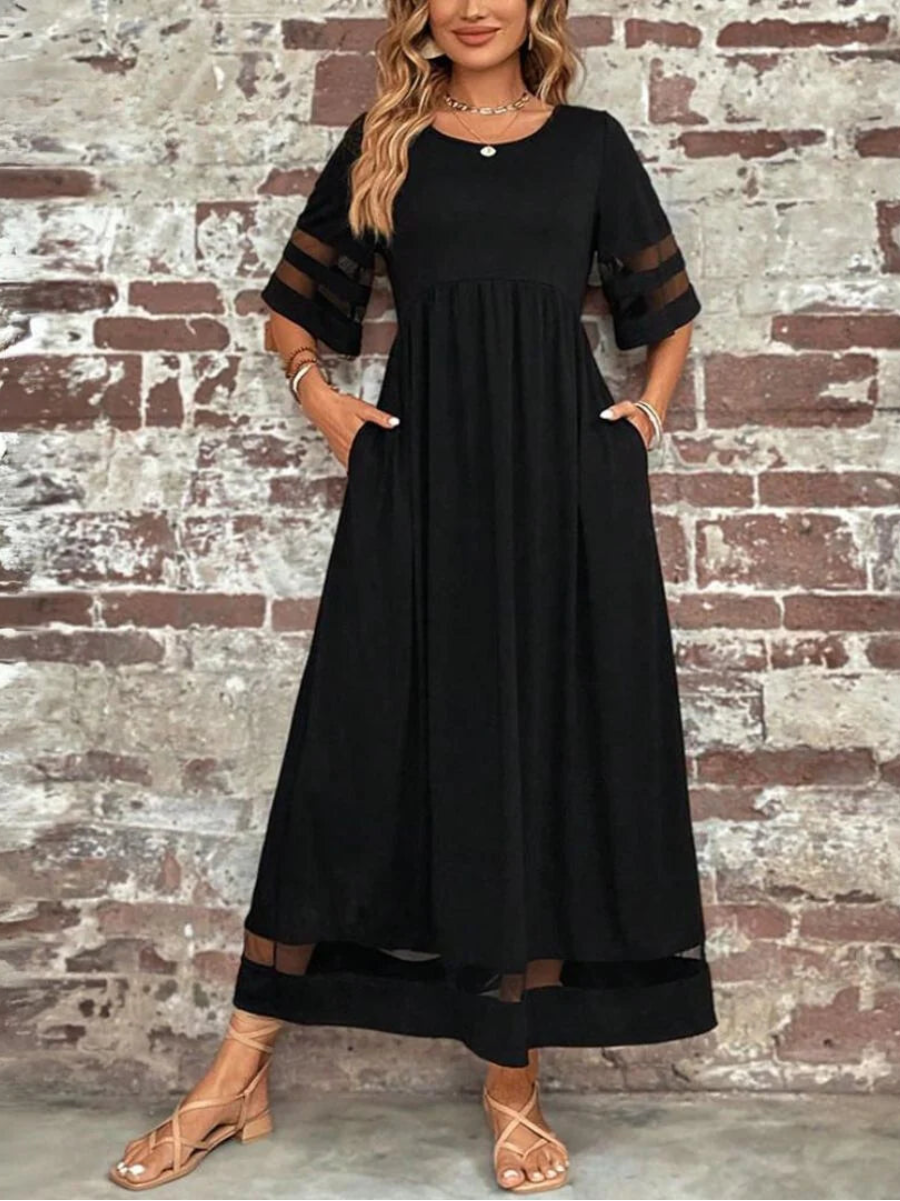 Sheer-Panel Sleeve Flattering Tummy-Smoothing Midi Dress