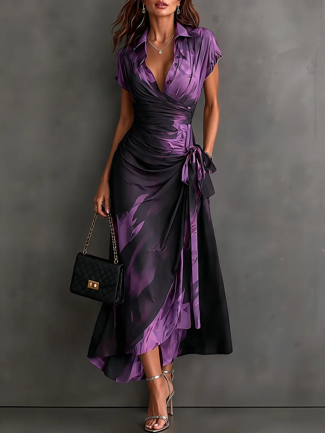 Abstract Print Wrap Midi Dress with Shirt Collar