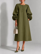 3D Floral Detail Midi Dress with Statement Sleeves