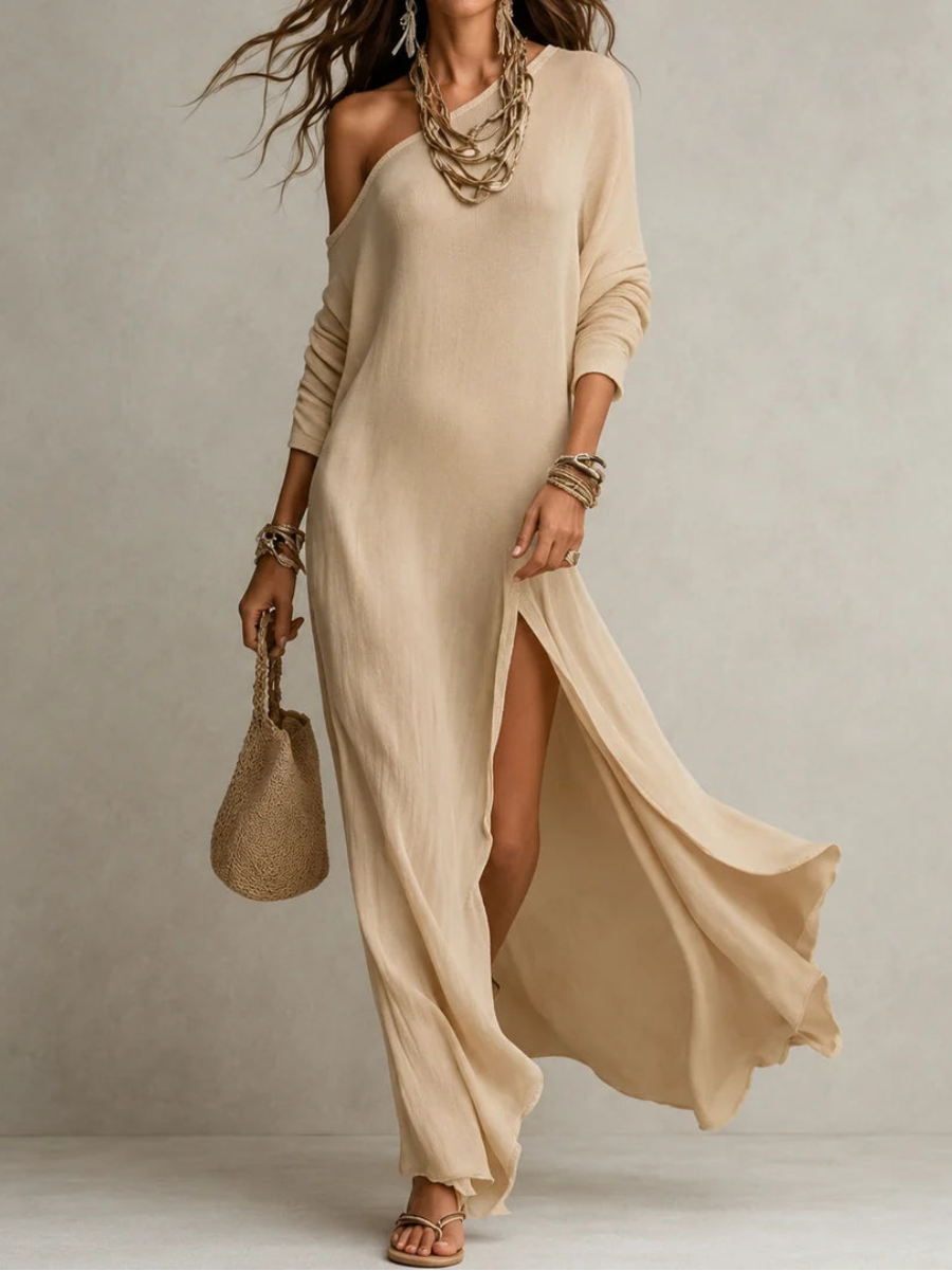 Flowing Knit One-Shoulder Slit Maxi Dress