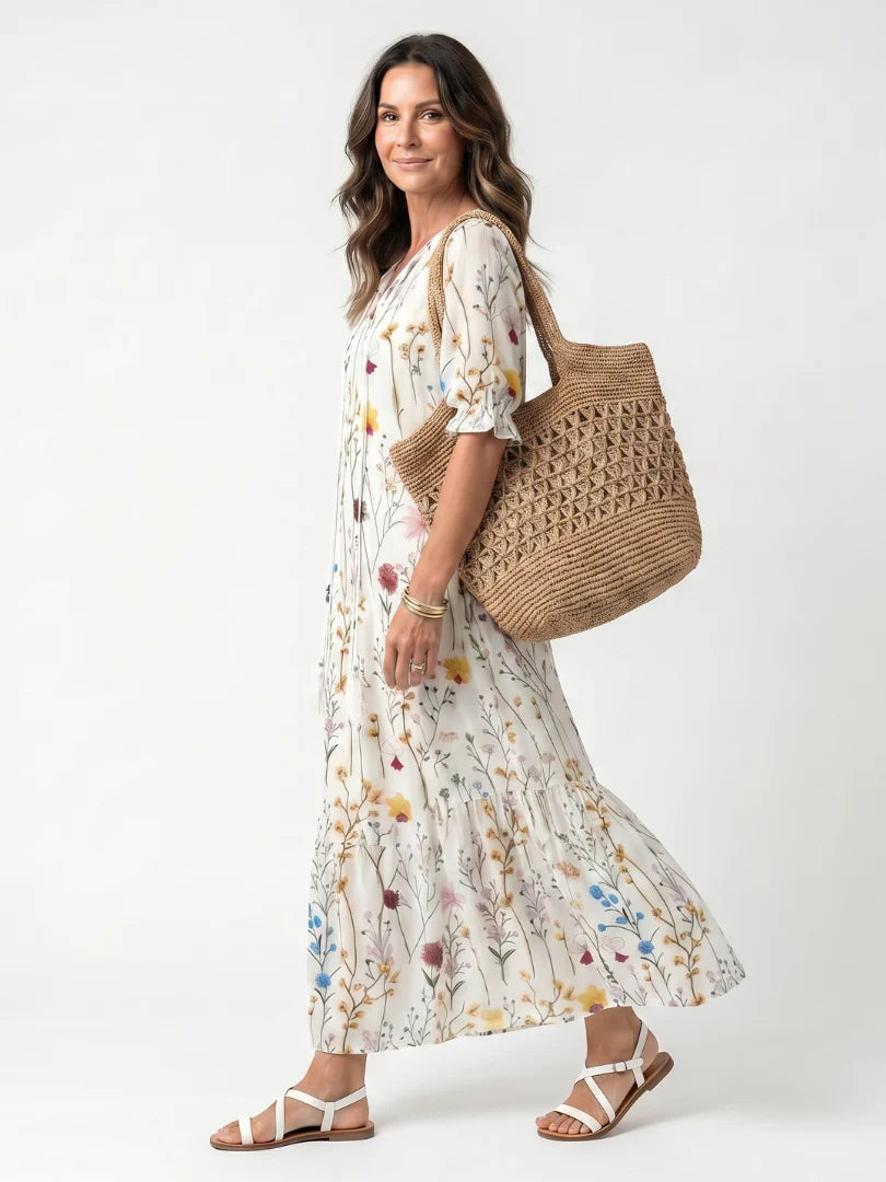 Botanical Print Tassel Tie Maxi Dress