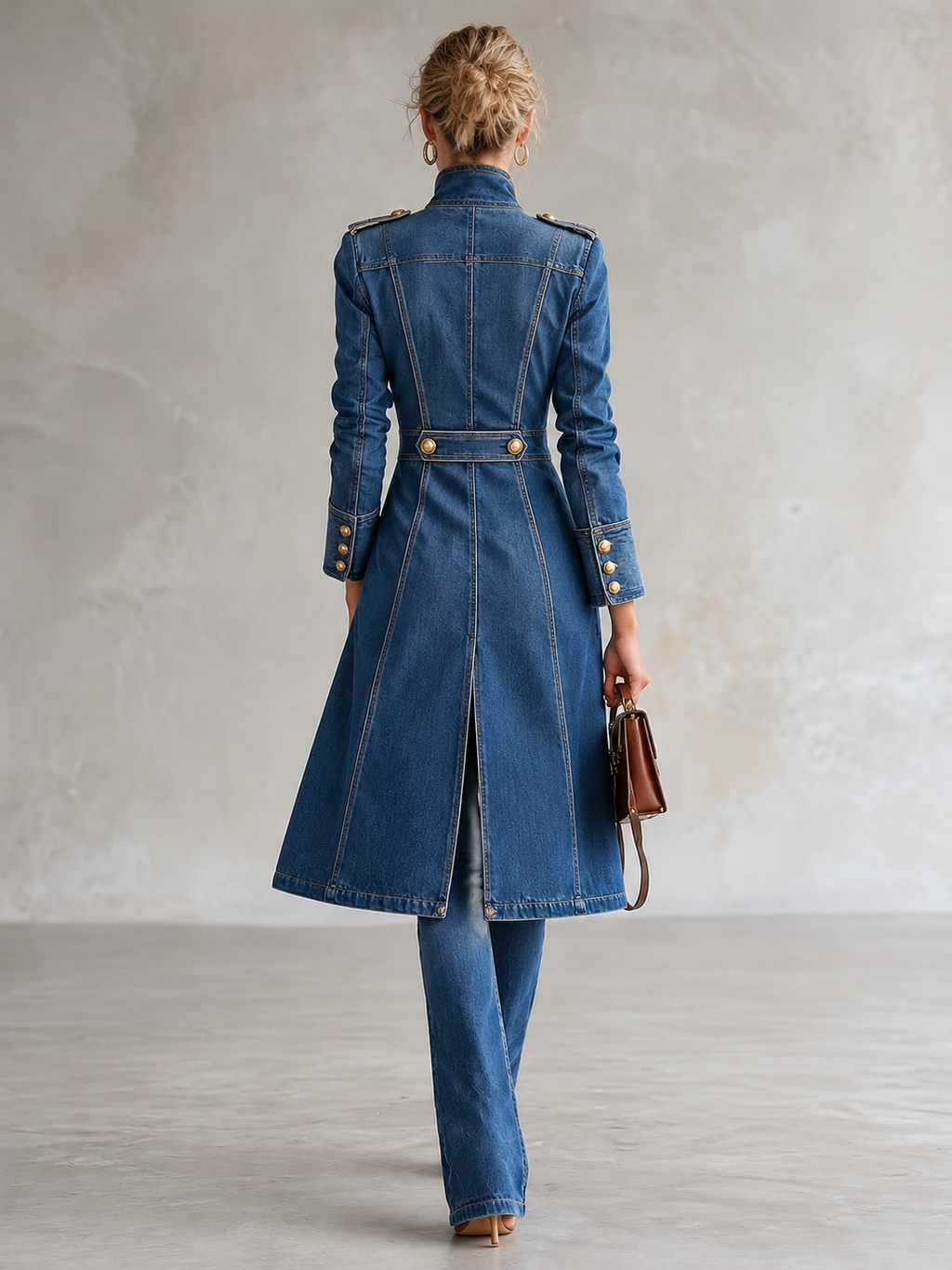 Long Tailored Military Denim Coat with Gold Buttons