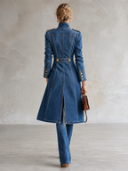 Long Tailored Military Denim Coat with Gold Buttons