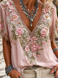Elegant Floral Embroidery V-Neck Blouse with Short Sleeves