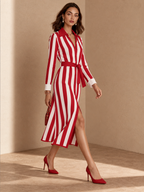 Striped Belted Casual Knit Midi Dress