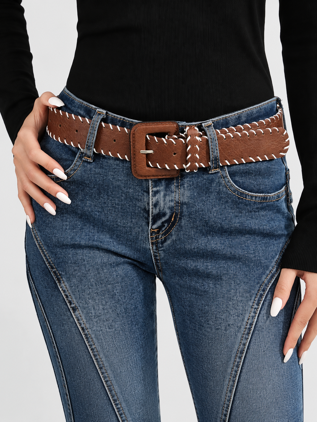 Brown Leather Belt with Stitching Detail