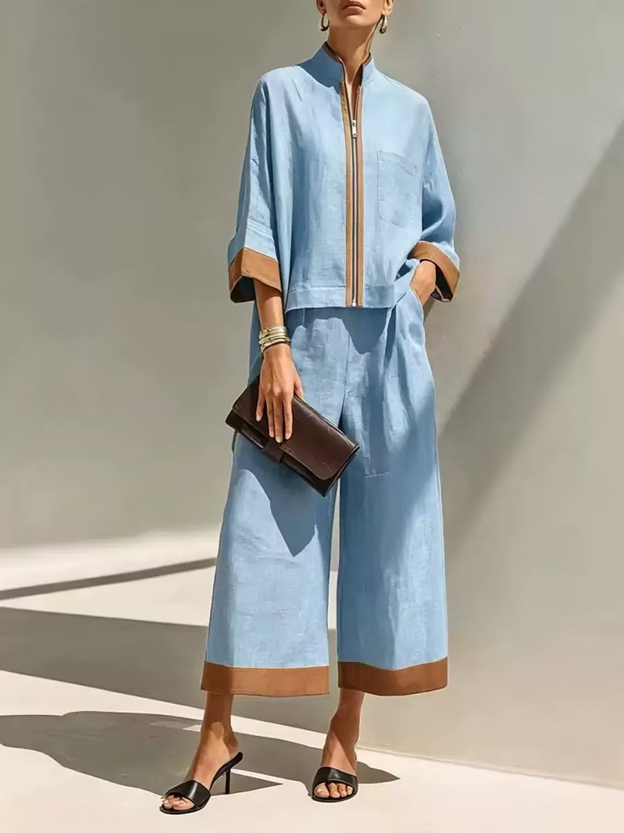 Contrast Trim Linen Set